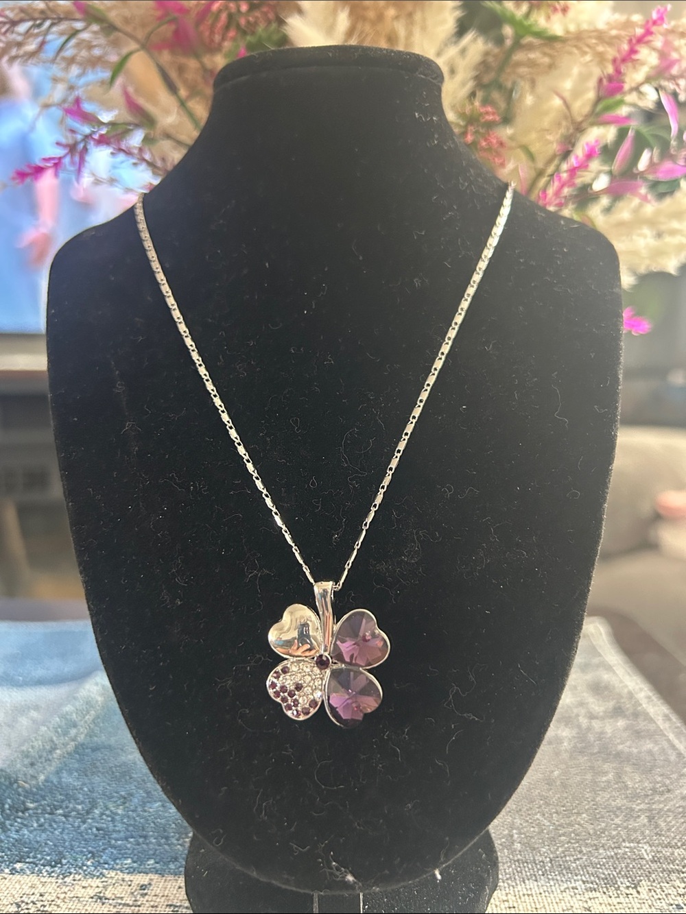 Silver Clover Pendant Necklace with Purple Crystal Accents